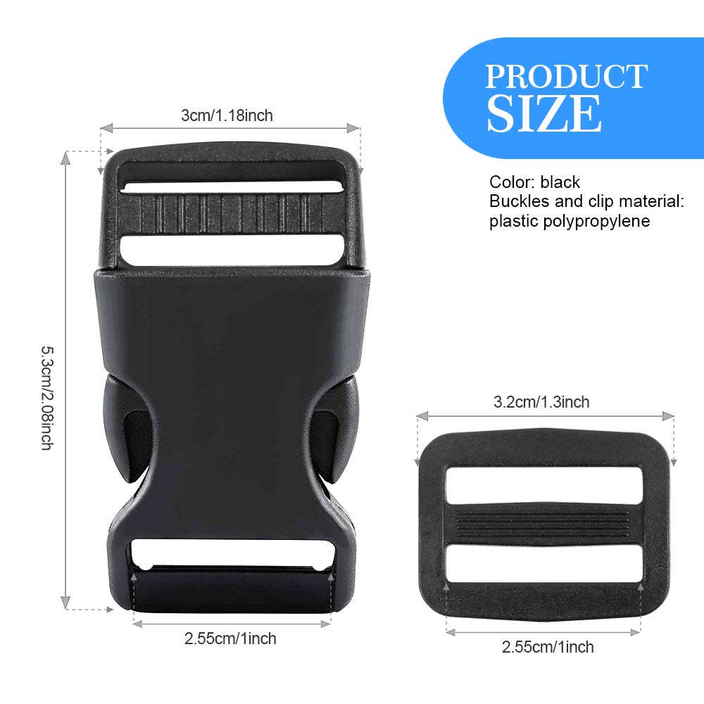 YGDZ 1 Inch Plastic Buckles, 80 Side Release Strap Buckles and Slides Parachute Buckles for DIY Backpack Luggage Strap