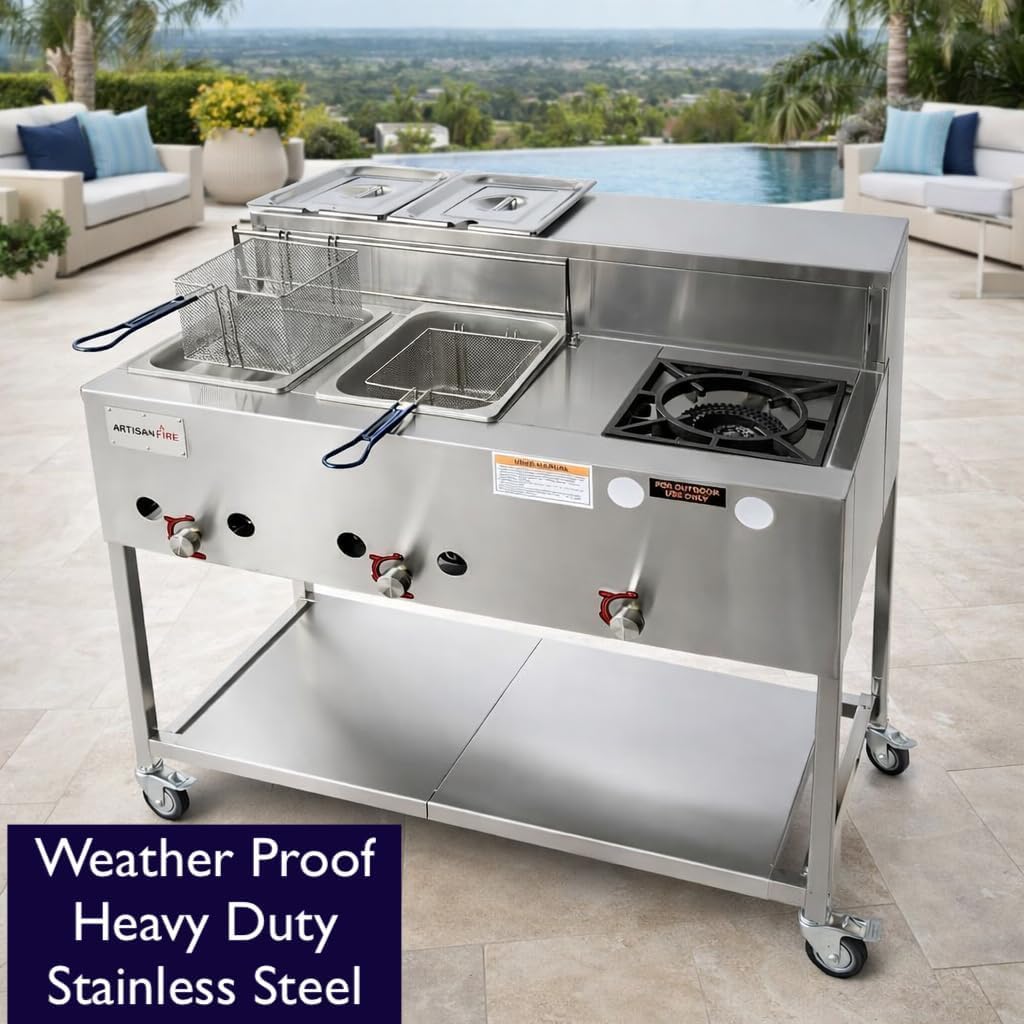 Stainless Steel Propane Deep Fryer Cart with Vortex Stove-3 in 1 with Food Steamers-Cast Iron Burner Stove-with Hose & Regulator + Thermometer-Ideal for Commercial and Home Use