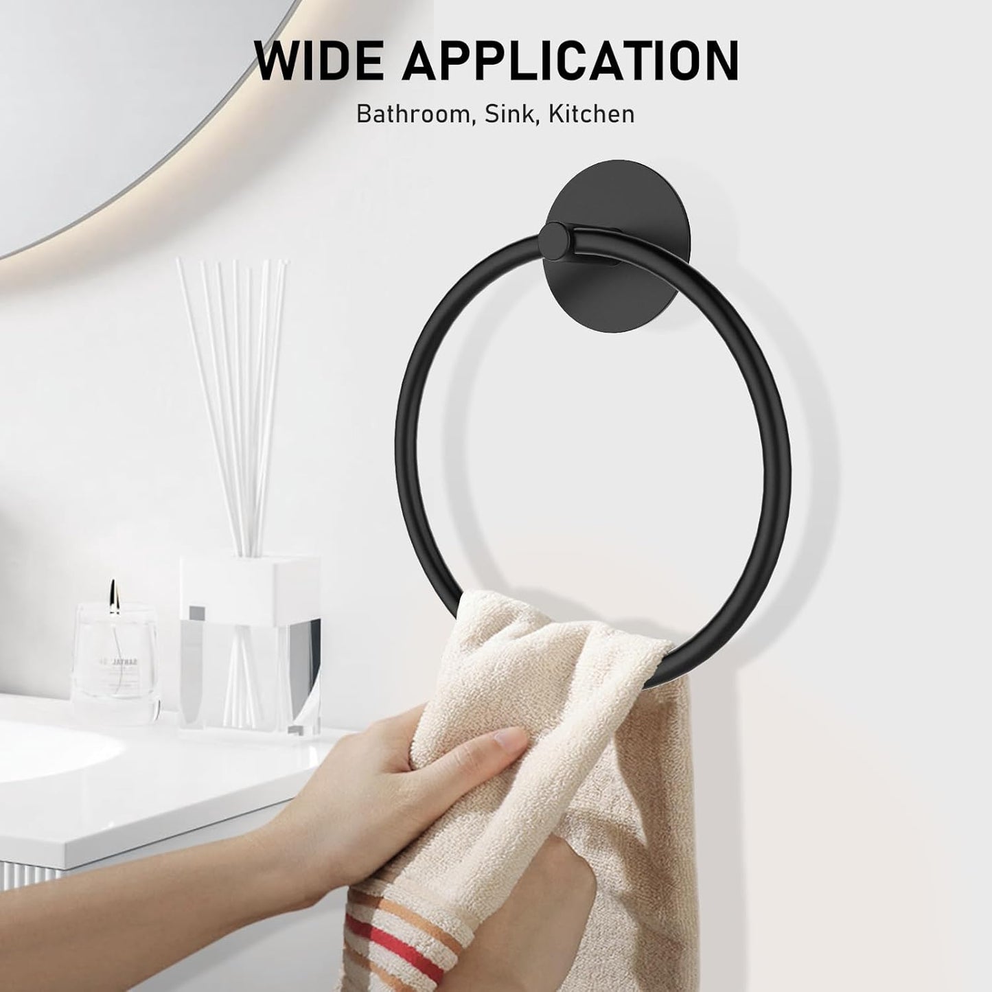 SetSail Adhesive Towel Holder - Matte Black Stainless Steel Hand Towel Ring for Bathroom & Kitchen