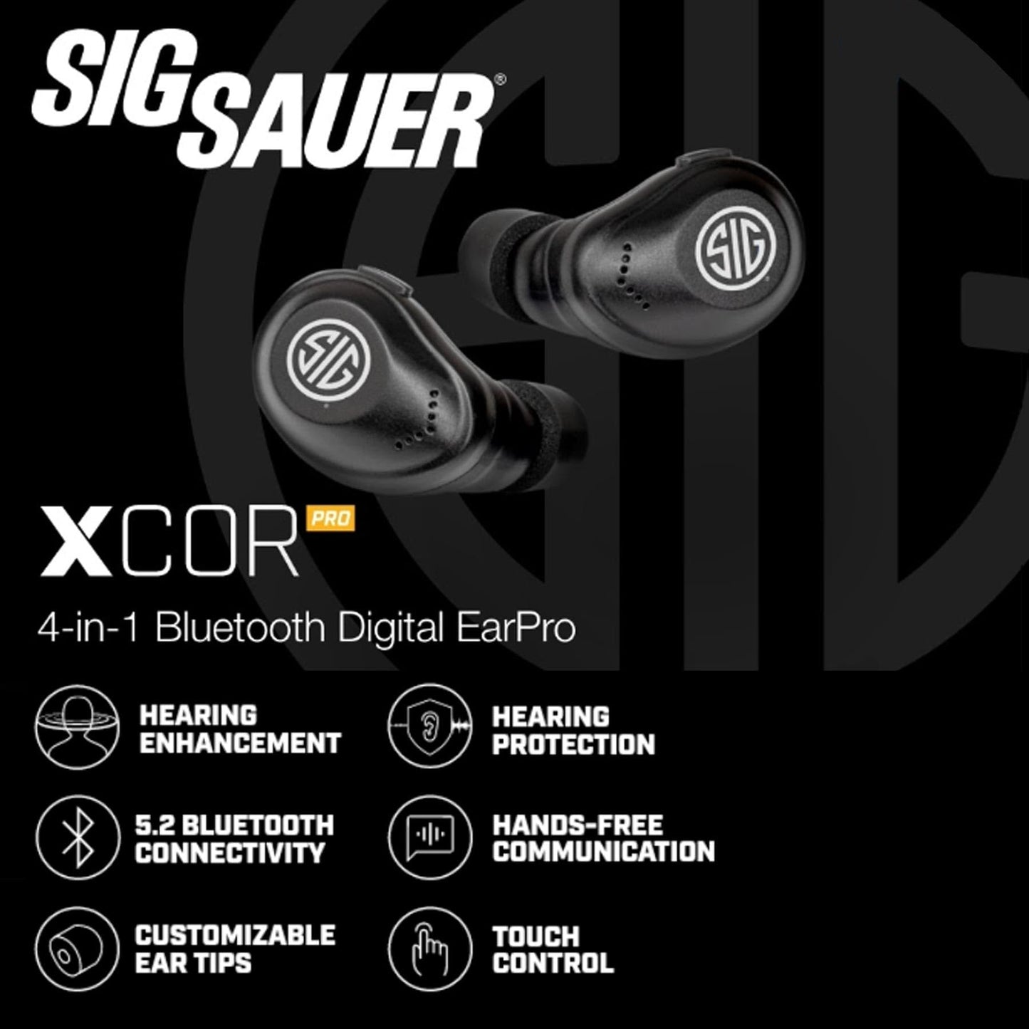 AXIL x SIG SAUER XCOR PRO Ear Buds - Hearing Enhancement & Protection - Dust & Water Resistant - Shooting Noise Reduction Bluetooth Earbuds with Touch Control - 27-29 dB SNR/21-23 dB NRR
