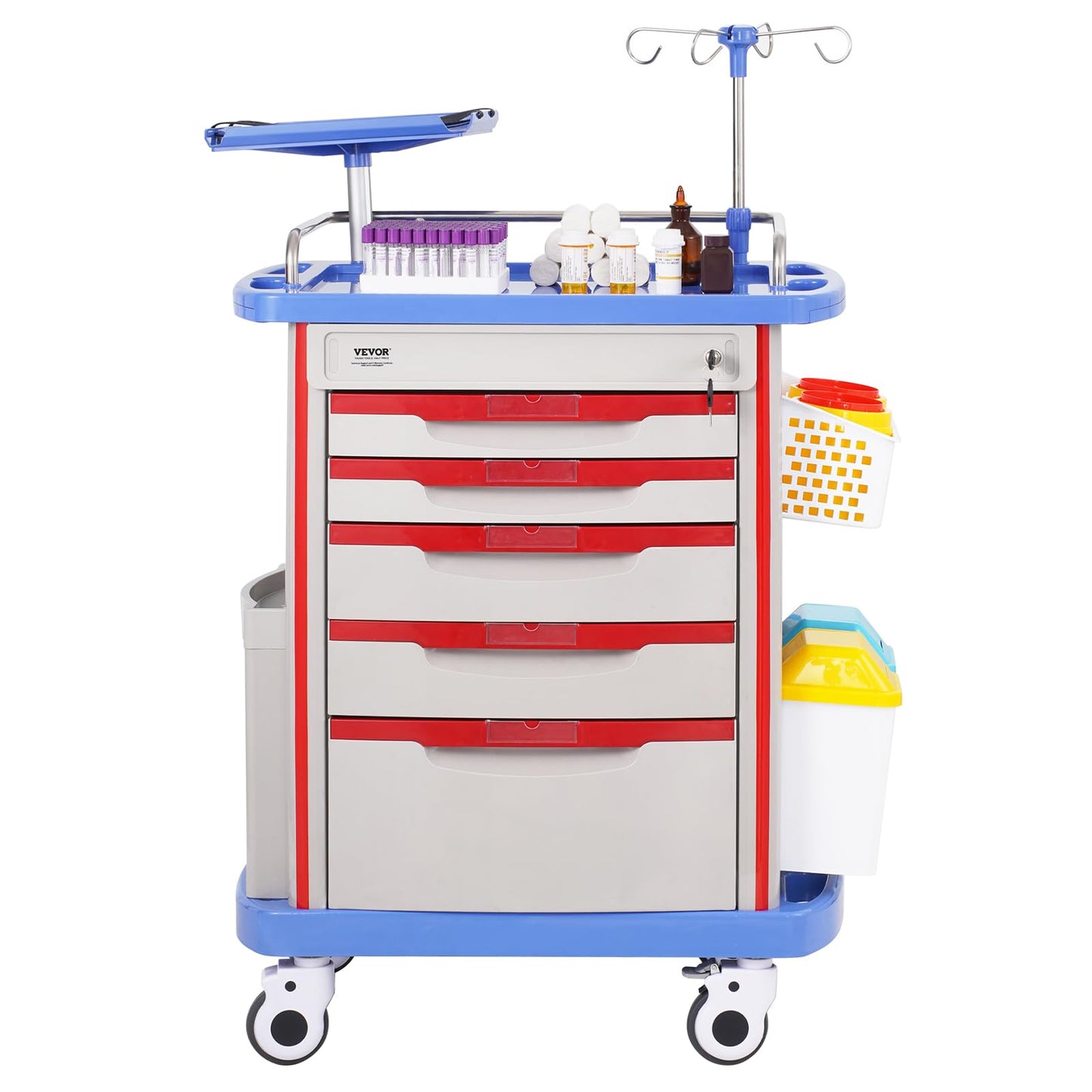 VEVOR Medical Crash Cart, Nursing Emergency Rolling Cart with 5 Drawers & 4 Silent Wheels, Adjust IV Pole, Needle Disposal Holder, Trash Bin, O2 Holder, Mobile Trolley for Hospital, Clinic, Lab, Salon
