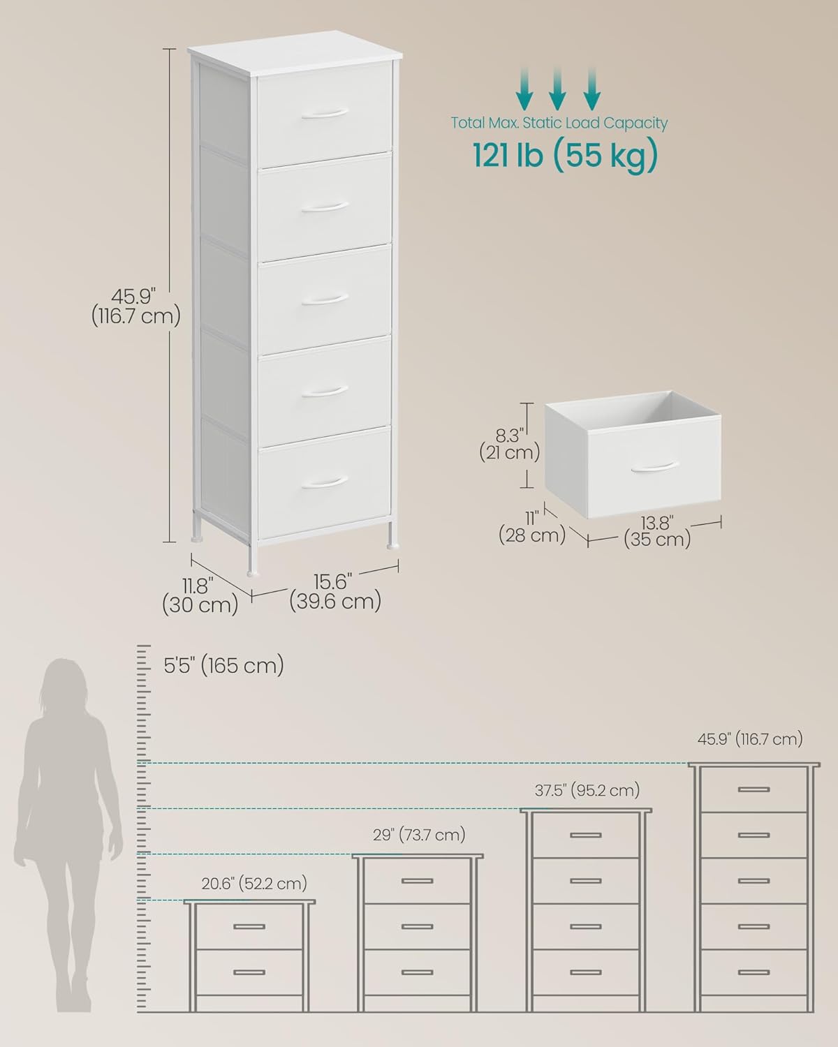 SONGMICS Dresser - Stylish Chest of Drawers with 5 Non-Woven Fabric Bins | Cloud White & Snow White