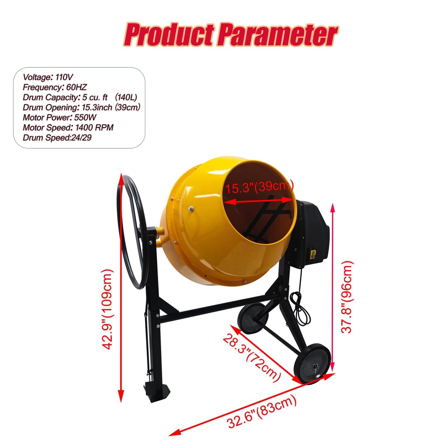 JARYANNIX 5 Cu.Ft Cement Mixer,360° Rotation Concrete Mortar Mixer, 110v/60HZ 550w Portable Concrete Mixing Machine for Building Fitment, Construction Site