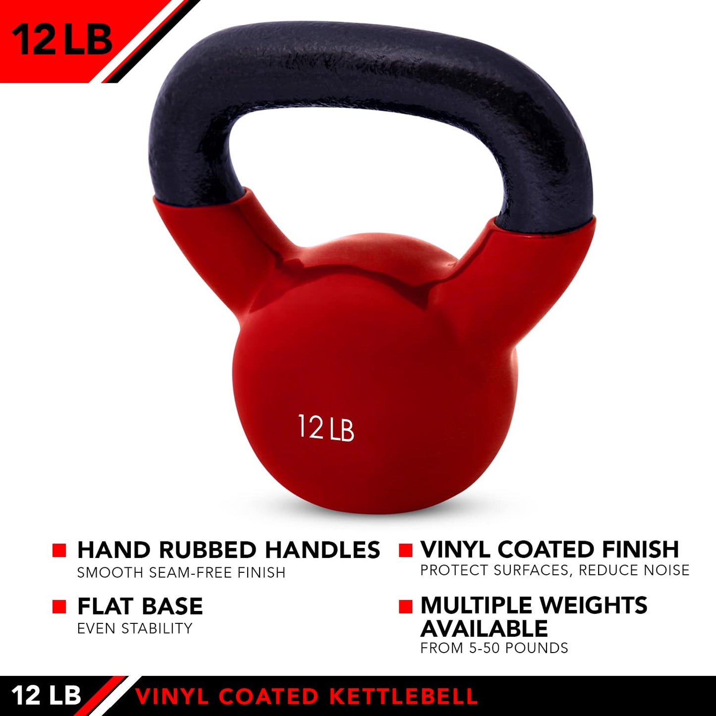 JFIT Vinyl-Coated Cast Iron Kettlebell Weight – Flat Bottom Kettlebell for Strength Training, Cross Training & Home Gym Workouts, 12LB-Red