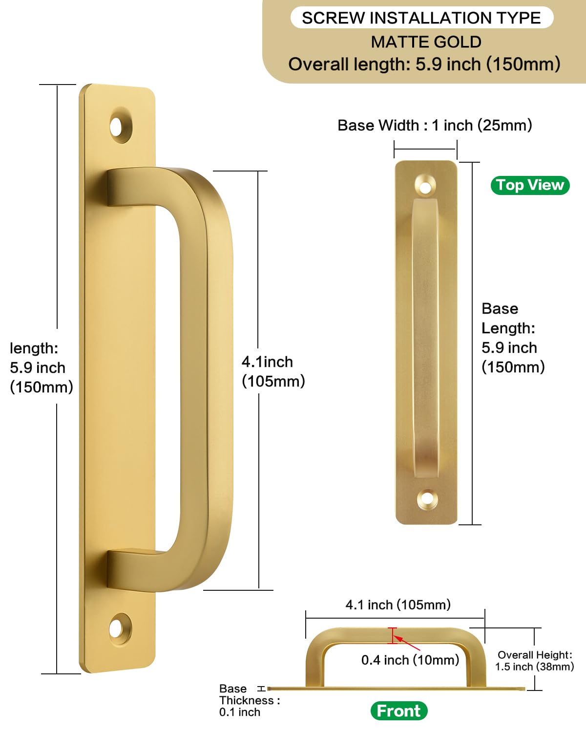 funifiti 5-Pack Golden Barn Door Handle Pull 6-Inch Cabinet Drawer Pulls Screen Door Handle Replacement Outdoor Gate Handle Self-Drilling with Backplate Aluminum