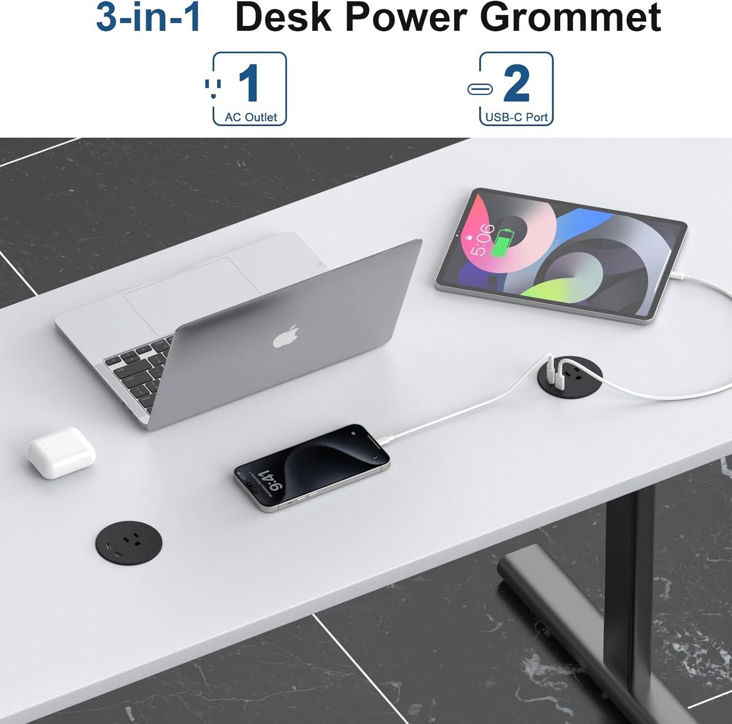 Haylink Grommet, 2X 20W 6.56FT 2.36"(60mm) Desk Power Recessed Power Strip with AC Outlet & PD USB C | Cable | Cut