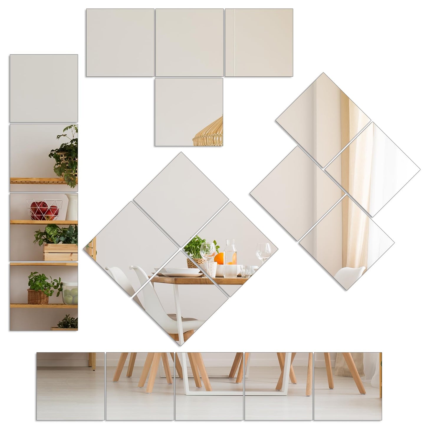 VSAR House Home Gym Mirror, 12Pcs 12" Square Wall Mirror Tiles, Frameless HD Glass Full Length Wall Mirrors for Wall Decor, Bedroom, Living Room, Over The Door, Self Adhesive