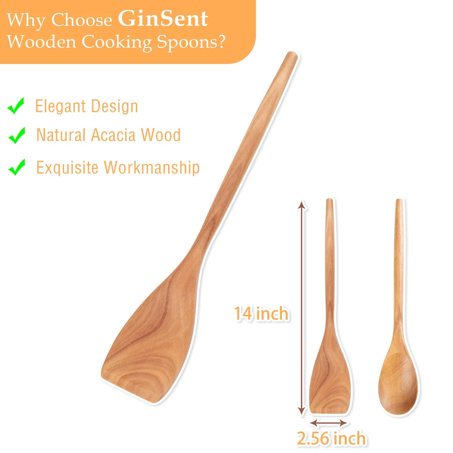 GinSent 2PCS Wooden Spoons for Cooking,14INCH Wooden Spoons Cooking Comfort Grip Wood Spoons,Wooden Kitchen Utensils for Stirring Scraping Flipping and Serving,Non-Stick Cookware Spatula &Spoons