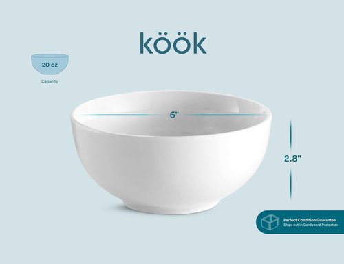 KooK Ceramic Cereal Bowls - Microwave & Dishwasher Safe Porcelain Dishes | 24 oz Deep Interior, Marshmallow White (Set of 4)