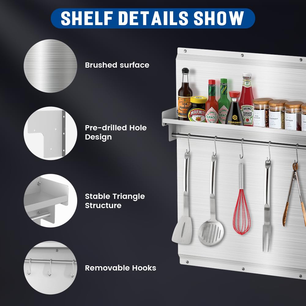 VENFAN 48"x 30" Stainless Steel Backsplash, Range Backsplash with Storage Shelf & Knife Rack, Stainless Steel for Stove Wall Shield with Pre-Drilled Holes
