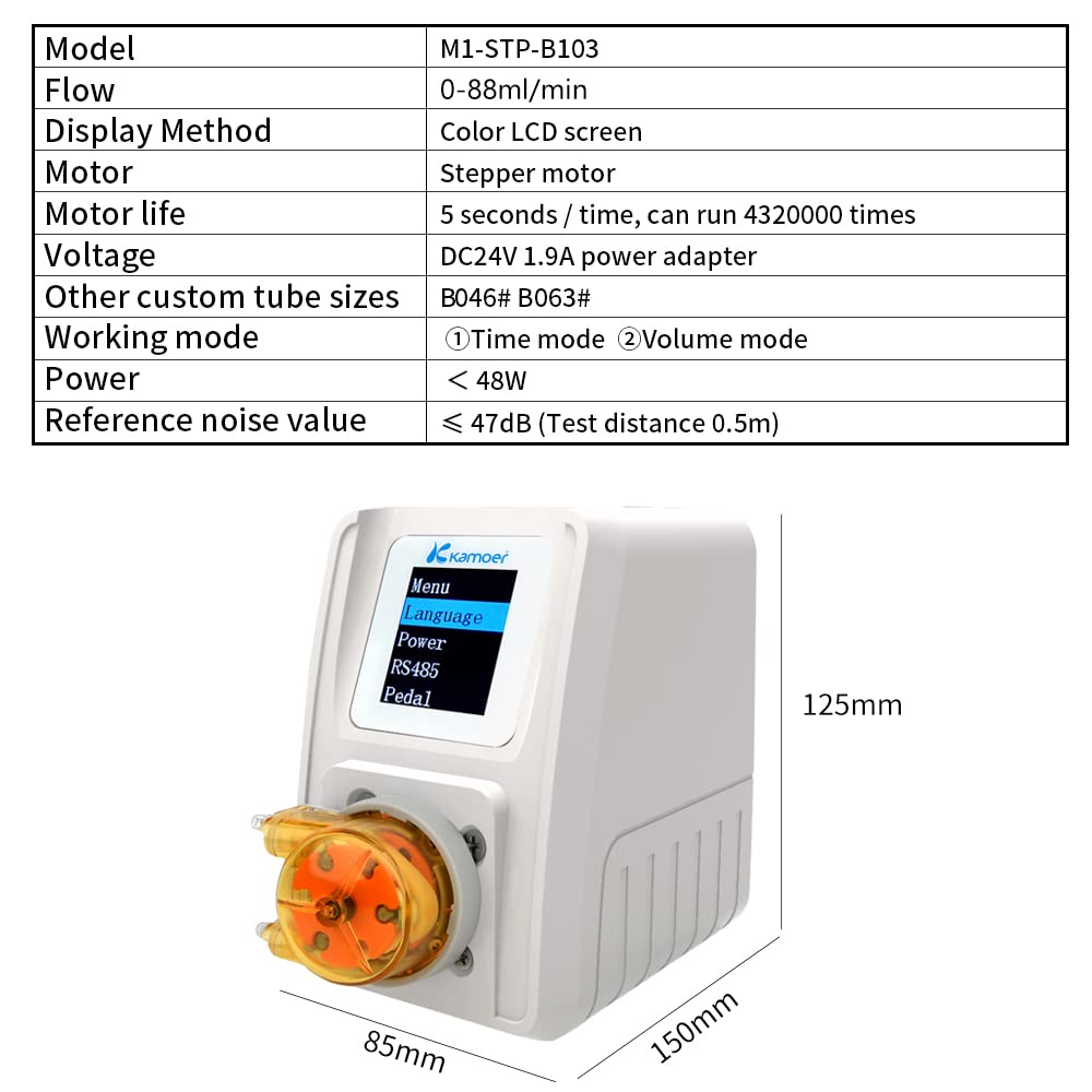 Kamoer M1-STP Intelligent Peristaltic Pump 24V Stepper Motor Adjustable Programmable Low Flow Liquid Dosing Pump with Control for Laboratory Aquarium 0-88ml/min