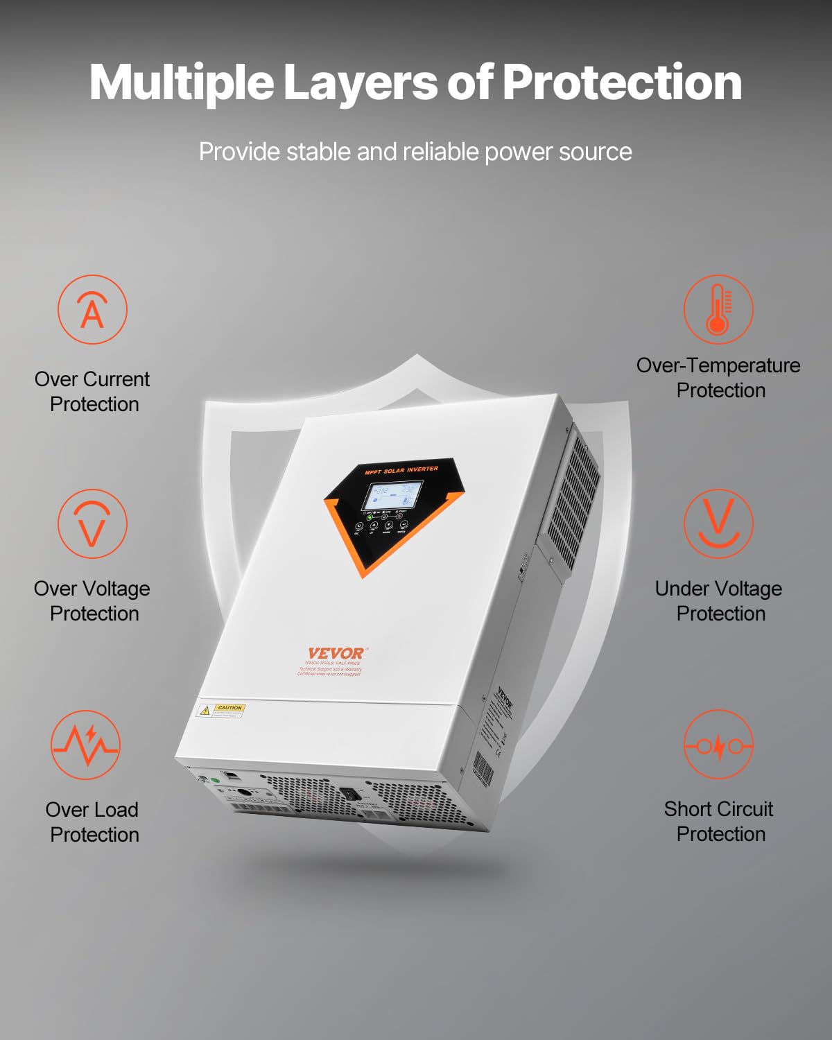 VEVOR Hybrid Solar Inverter, 6000W, Single Phase Pure Sine Wave Power Inverter, 48V DC to 220/230V AC, with Built-in 120A MPPT Solar Charge Controller, for Off-Grid System Lead Acid Lithium Battery
