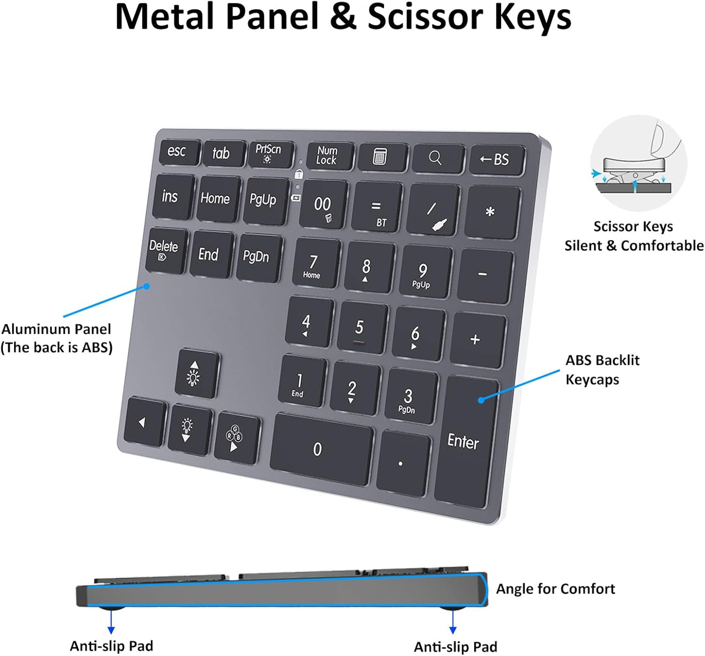 LINKEET 7-Color BT5.0/USB/2.4G 35-Key Tri-Mode Aluminum Numpad LED Backlit, Wireless Rechargeable Number Pad Scissor