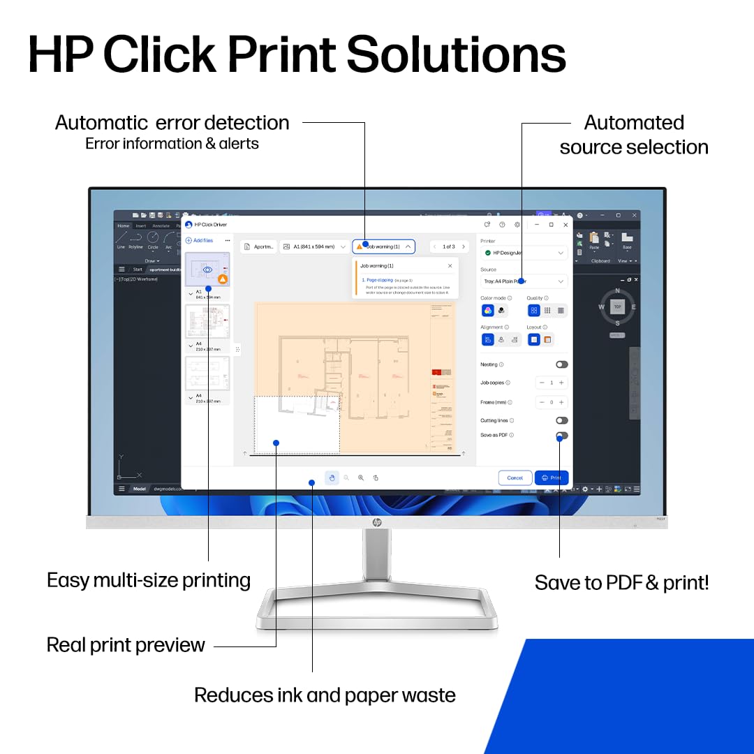 HP DesignJet T210 Large Format 24-Inch Plotter Printer for Easy CAD & Poster Prints (8AG32T), Includes 2-Year Warranty & Support