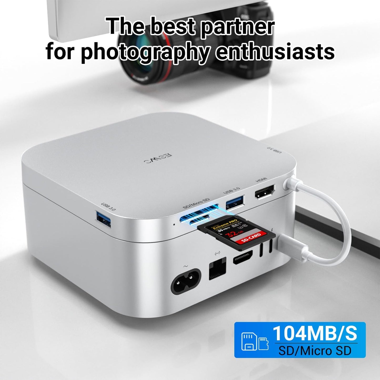 JESWO 6-in-1 M4 4K@60Hz 3 3.0 M4/M4 USB-C Dock for Mac mini HDMI, USB C Hub Multiport Adapter with USB C to HDMI, USB