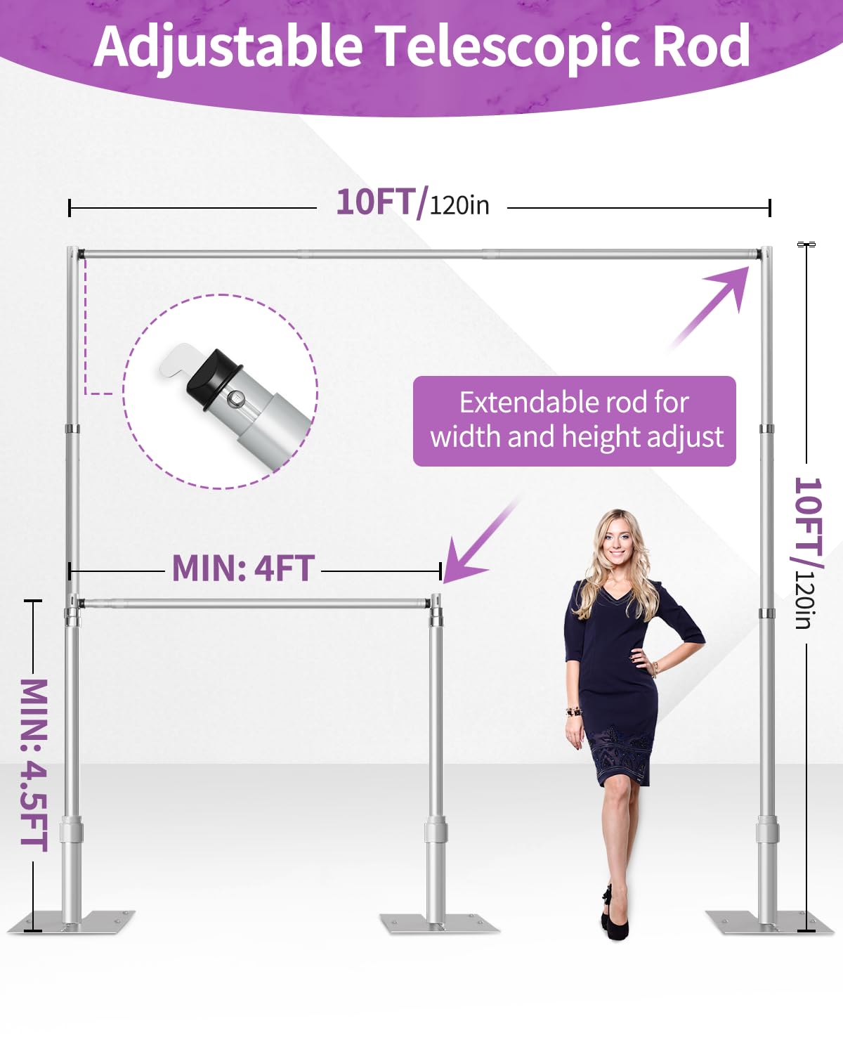 10x10 Pipe and Drape Stand Kit, Heavy Duty Backdrop Stand Adjustable, Sturdy Metal Back Drop Decoration Frame with Flat Base for Parties, Flower Wall, Wedding, Event,Trade Shows, Photo Shoot