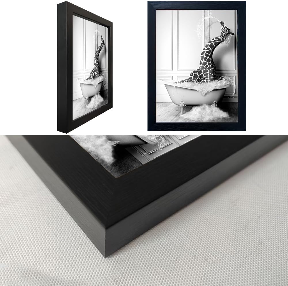 Skiennix Framed Animal Bathroom Wall Art - Funny Giraffe in Bathtub Canvas Print | Black and White Decor for Kids' Bathrooms
