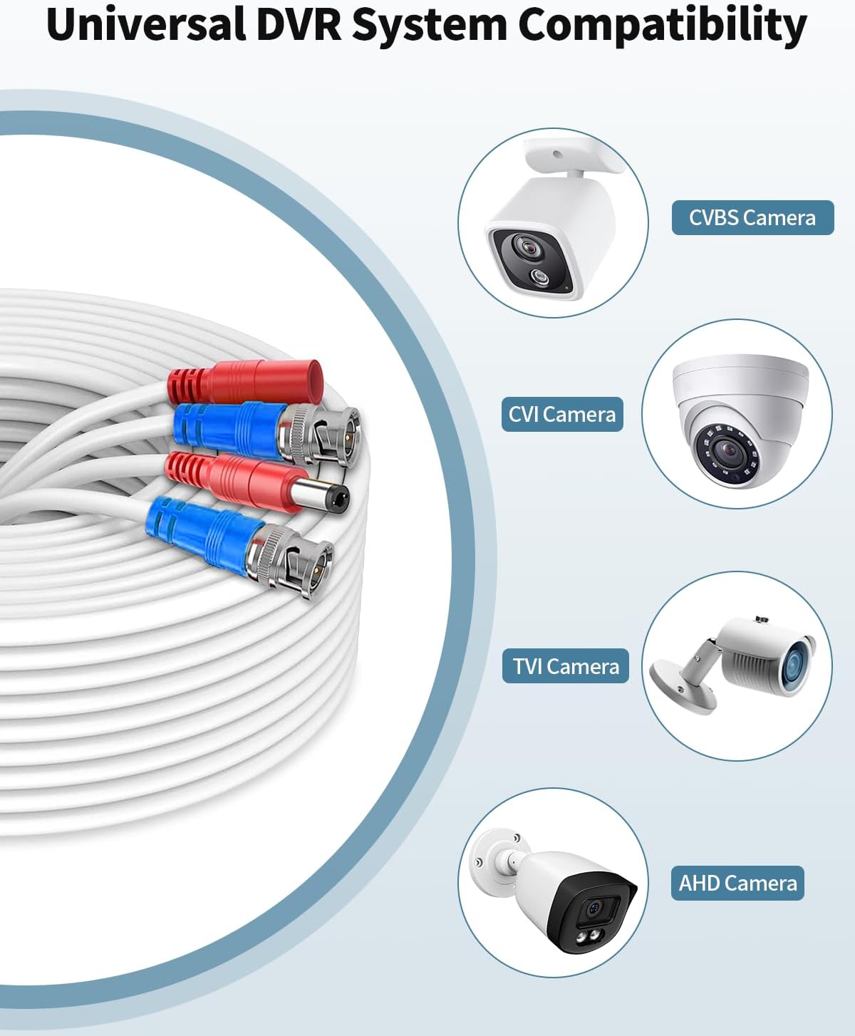 2-in-1 4-Pack 100FT Video Power Cable White Extension Wire with BNC Connectors and RCA Adapter for Outdoor Security
