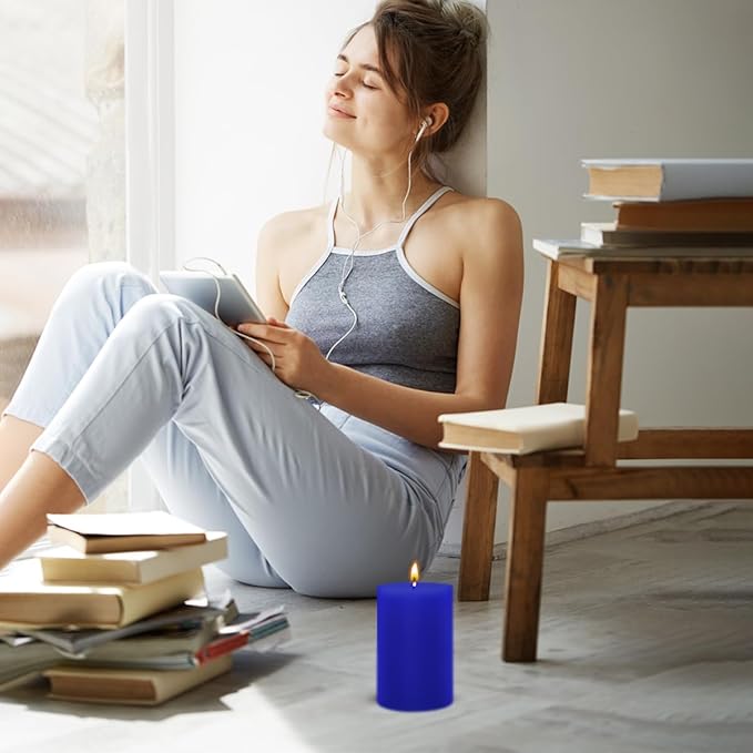 6 Packs 2.75x4 Inch Blue Colored Pillar Candles, Unscented Dripless Cylinder Wax Candles for Home Table Holiday Party Spa Decor Emergency Power Outage