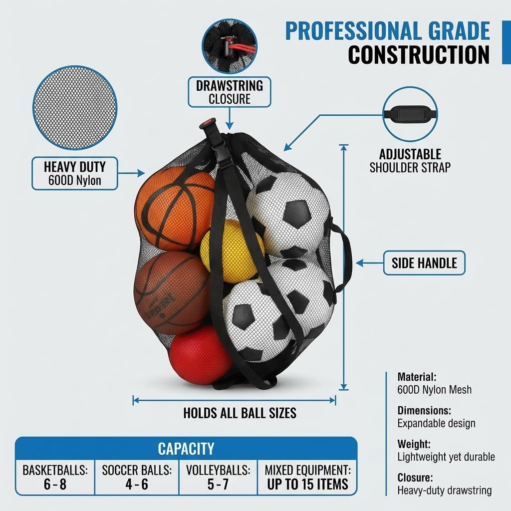 Keeble Outlets Basketball Bag | Large Mesh Ball Bag for Basketballs, Soccer Ball, Volleyball Ball & Sports Equipment | Heavy Duty Mesh Bag | Ball Storage Net with Strap | Sports Bag for Equipment