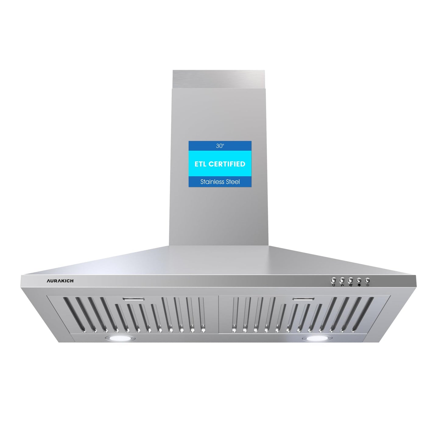AURAKICH Range Hood 30 inch, 450CFM Wall Mount Kitchen Hood in Stainless Steel, CRYSTAL WHITE 12000K LEDs, Baffle Filters, Ducted/Ductless Convertible (Charcoal Included)
