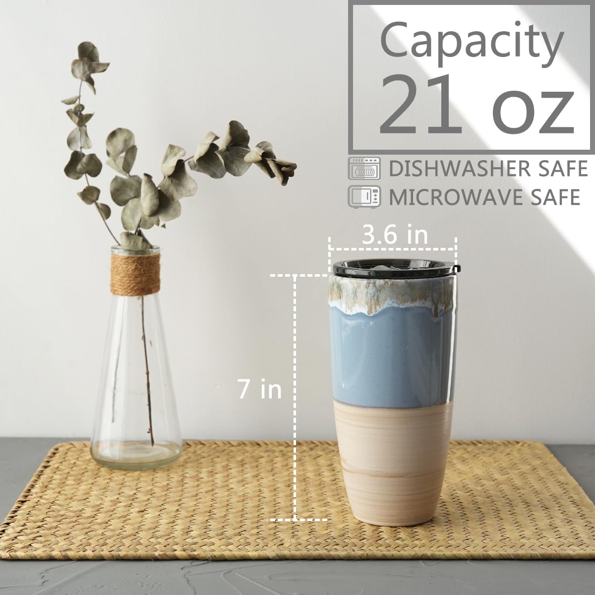 Bosmarlin Ceramic Travel Coffee Cup with Lid, 21 oz, Portable Coffee Mug for Car Cup Holder, Microwave and Dishwasher Safe, Reactive Glaze (Light Blue)