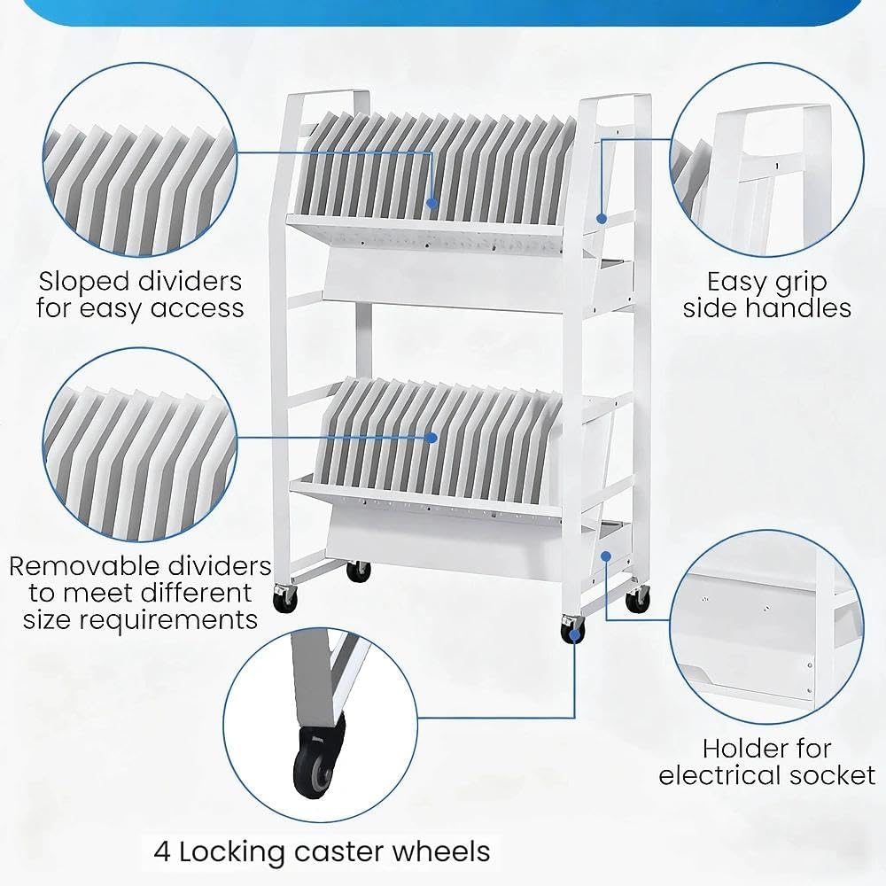 32 Device Mobile Charging Cart，Metrixpio Double-Layered Rolling Computer Cart with Socket Portable Ipad Storage & Laptop Cart for Teachers & White-Collar Workers