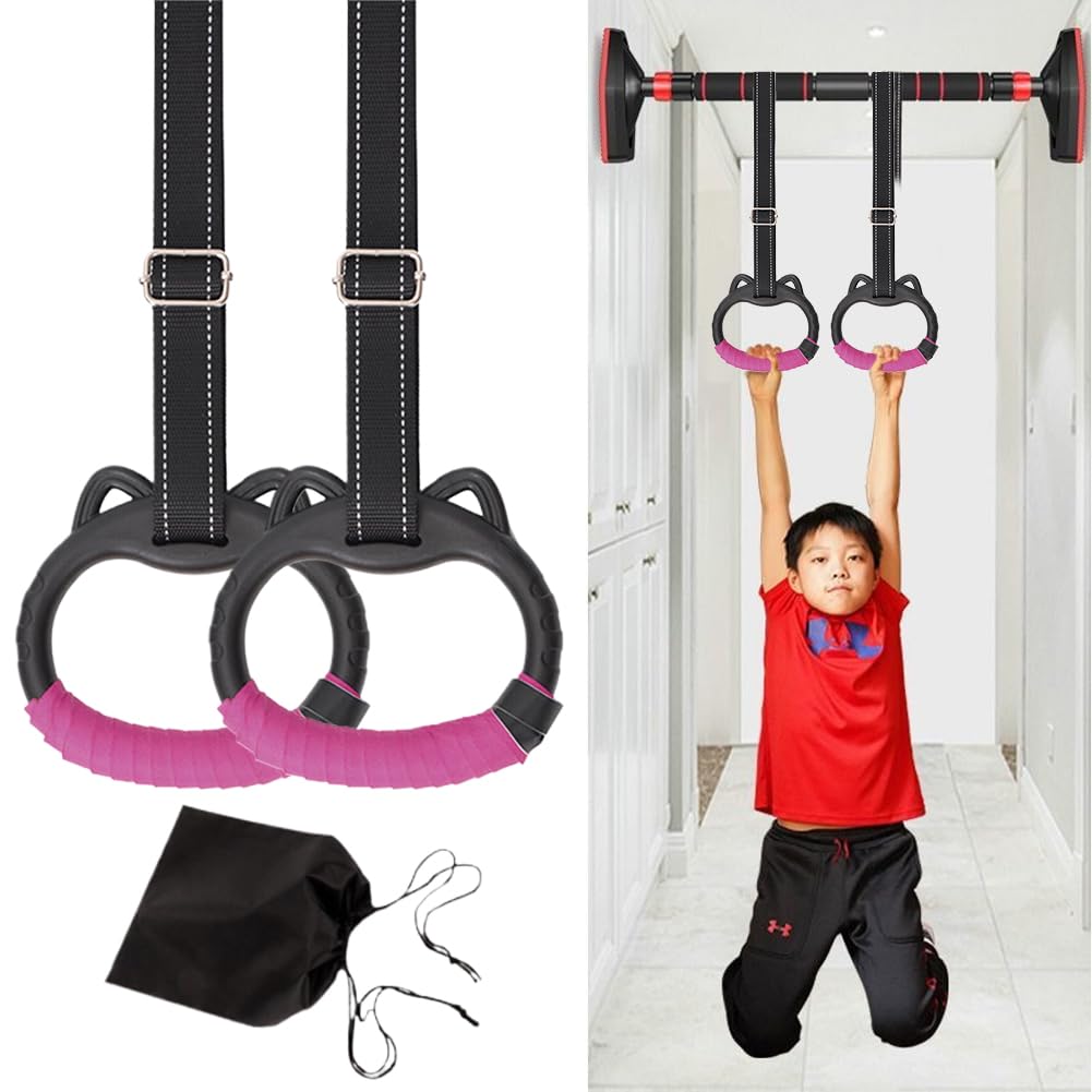 Londehuhai Gymnastics Rings Set, Professional Trapeze Bar Pull Up Rings with Straps Playground Home Gym Ring with Drawstring Bag for Physical Training(Color:Pink)