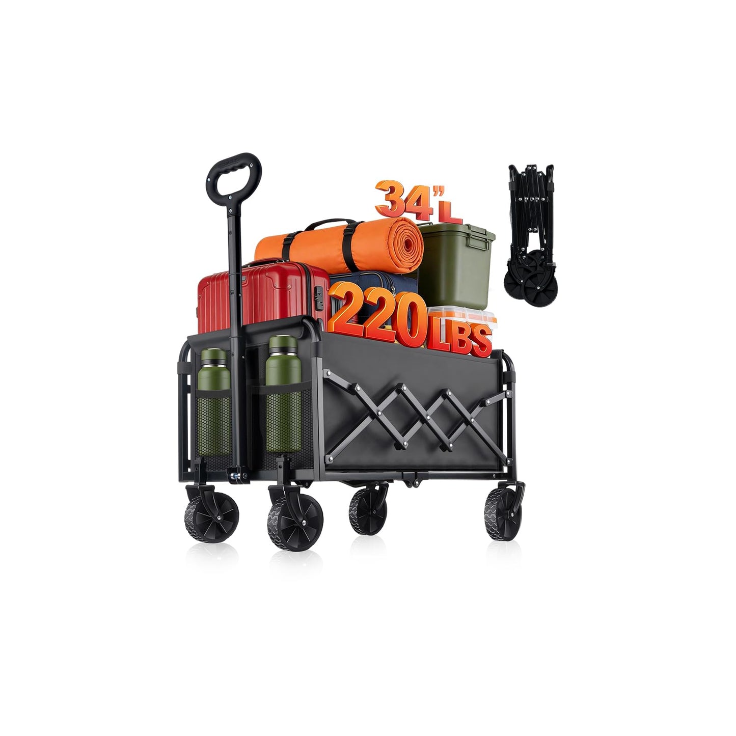 Collapsible Foldable Wagon Cart with Wheels - 220LBS Heavy Duty Folding Wagon Carts, Portable Lightweight Utility Wagon with All-Terrain Wheels & 2 Cup Holders, Grocery/Beach/Sports/Shopping/Black