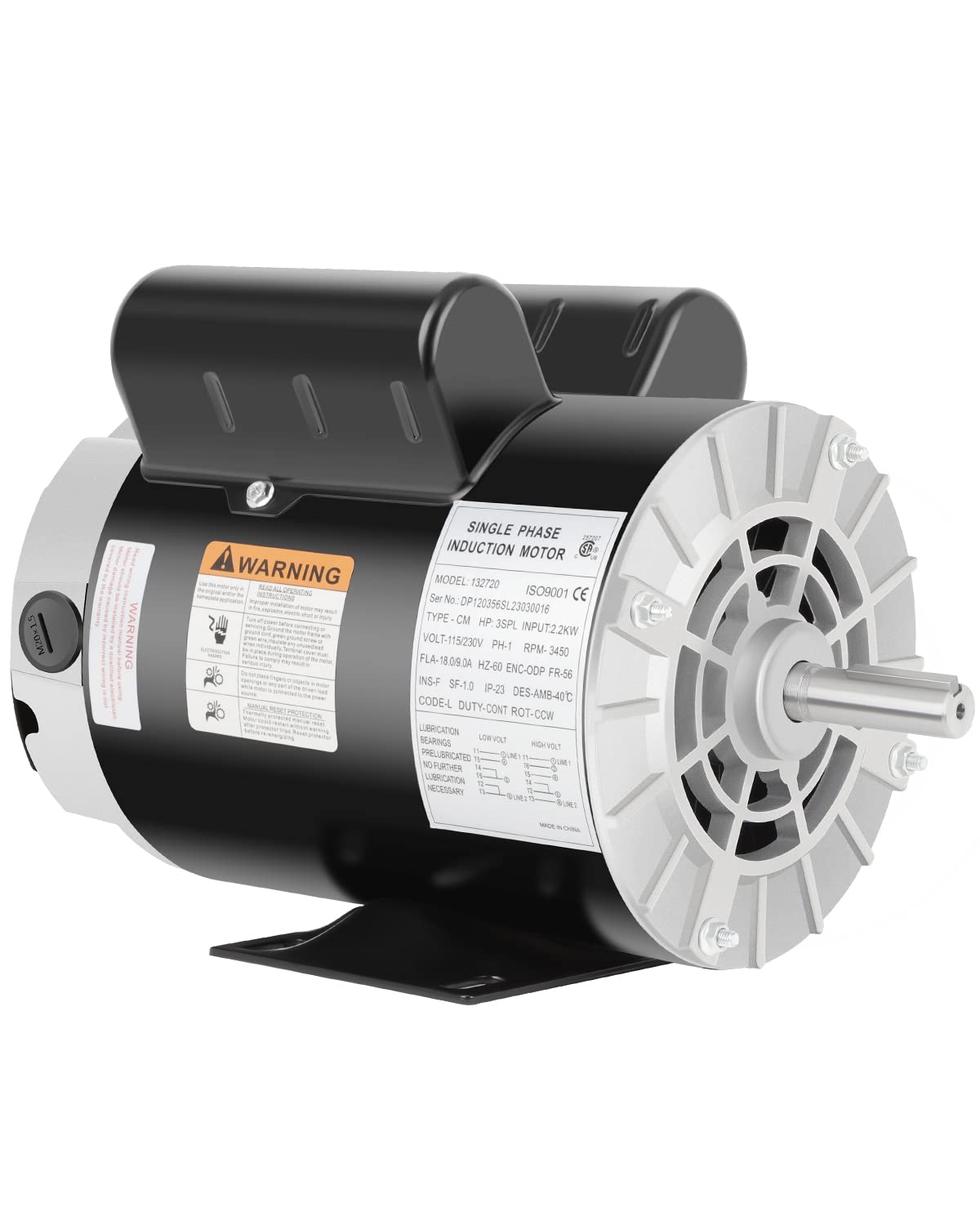 Air Compressor Electric Motor, 3HP SPL 3450 RPM, 115/230V Single Phase, 56 Frame 5/8 Keyed Shaft 60 Hz, Commercial-Duty CCW Rotation, 1.88 Shaft Length for Air Compressors