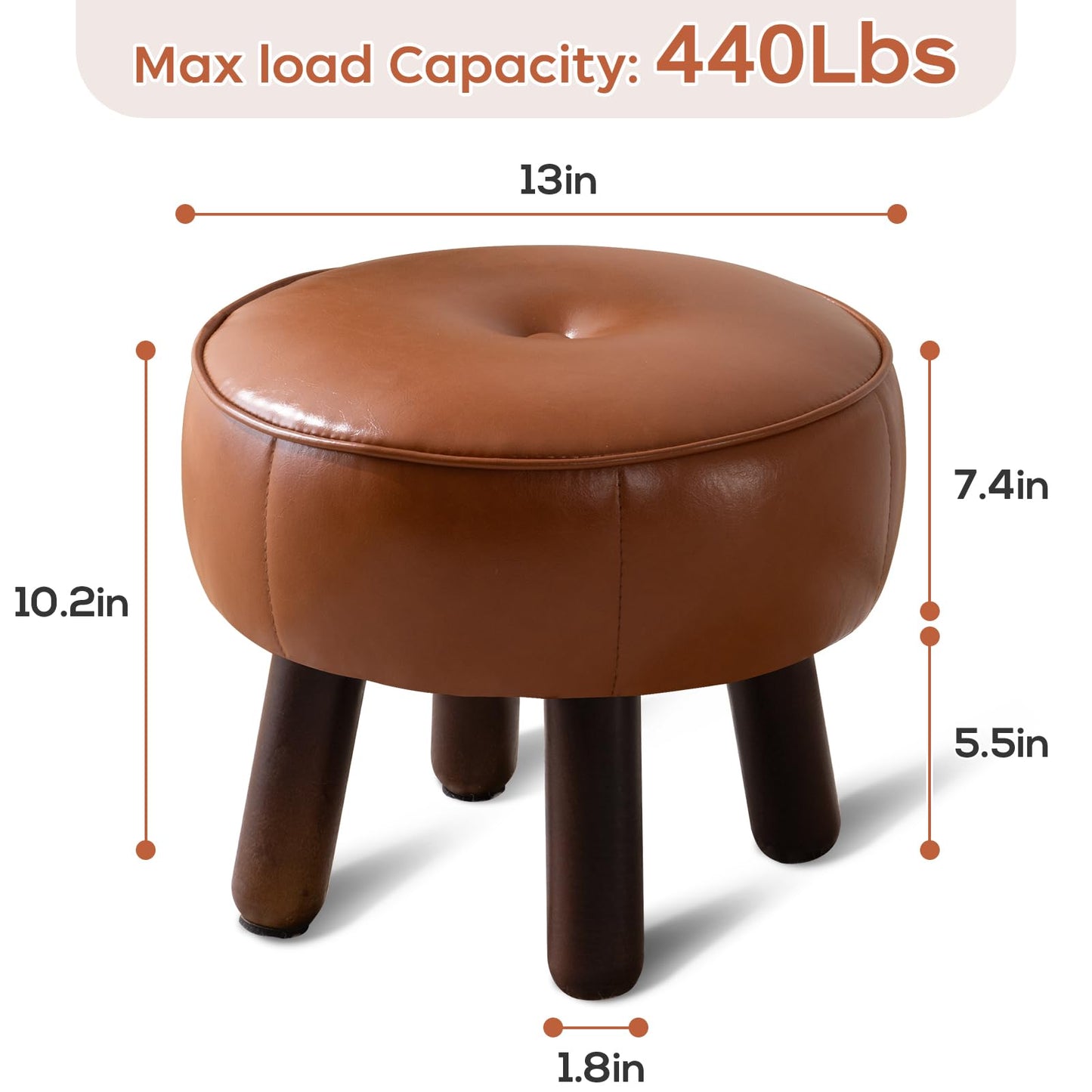 oakvivo Small Foot Stool, Round Faux Leather Pouf Ottoman Foot Rest, Footstool Ottomans with Rubber Legs Under Desk, 13''L x 13''W x 10.2''H, Footrest for Couch, Living Room, Bedroom, Hallway, Brown