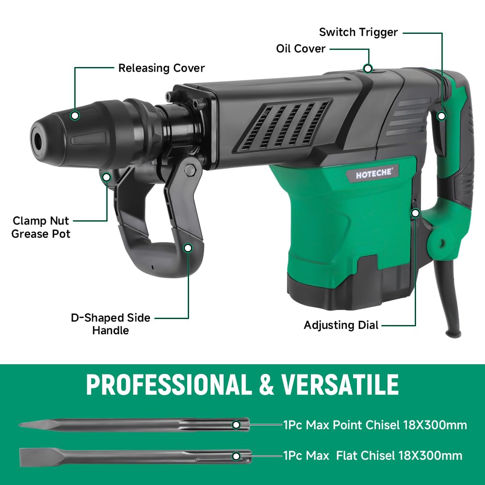 Hoteche Electric Demolition Jack Hammer 1500W Heavy-Duty SDS-MAX Concrete Breaker with Flat & Point Chisel