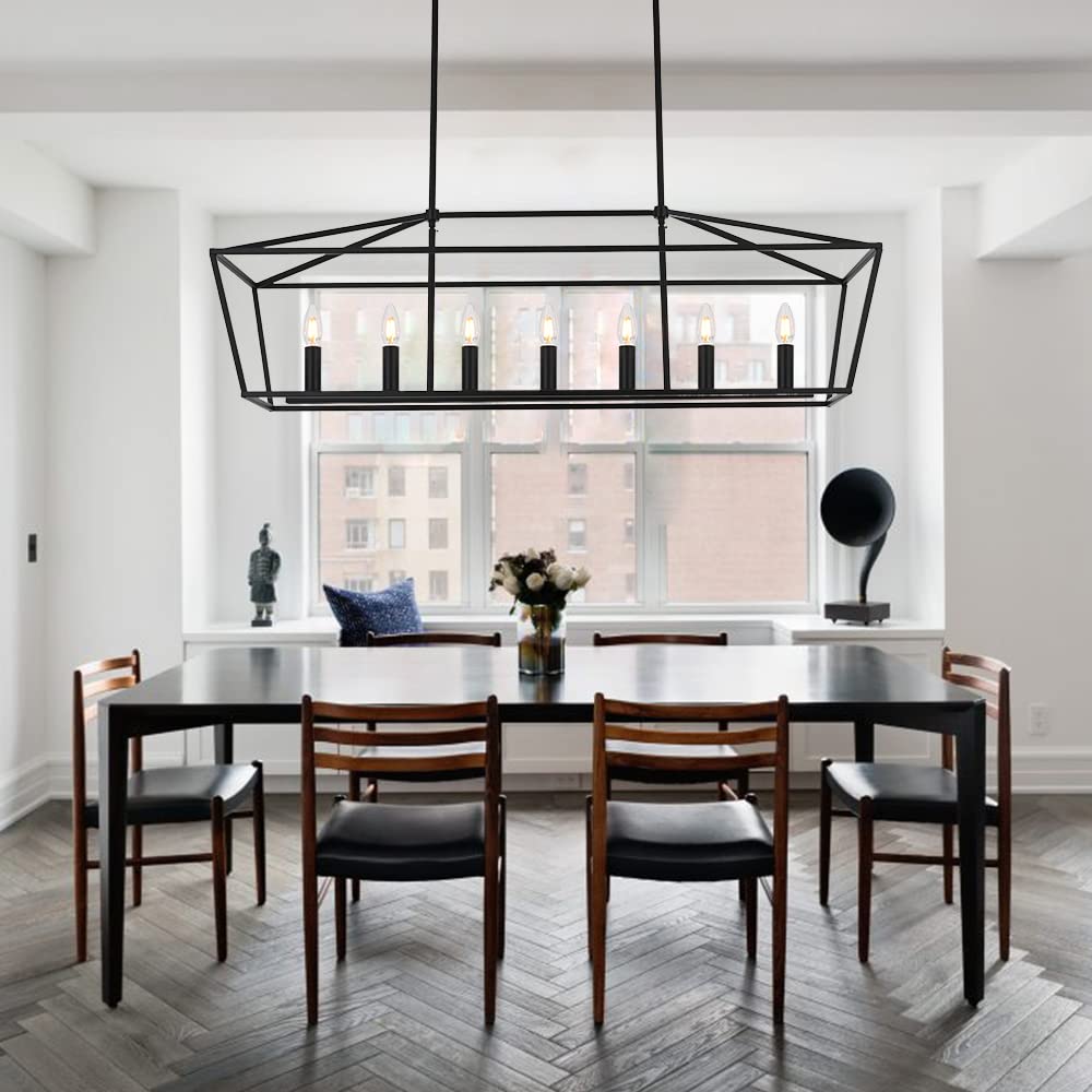MELUCEE 7-Light Dining Room Light Fixtures Over Table, Farmhouse Chandelier Light Fixture Black Industrial Linear Pendant Lights Kitchen Island Candle Lantern Chandelier, E12 Base