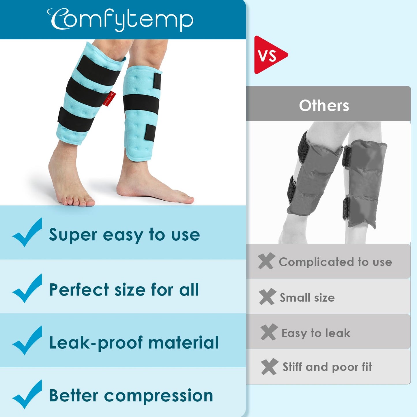 Comfytemp Calf Shin Splint Ice Packs for Injury Reusable, Elbow Gel Pad Wrap, Hot Cold Compression Freeze Sleeve for Swelling, Tendonitis, Knee, Leg, After Surgery, 2 Packs, S - M