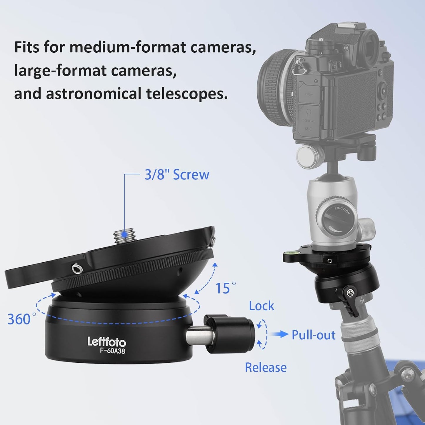 Leftfoto 360 15 10kg/22lbs Precision Tripod Leveling Base Plate Half Ball Leveler with Rotation and +/- Tilt Compatible