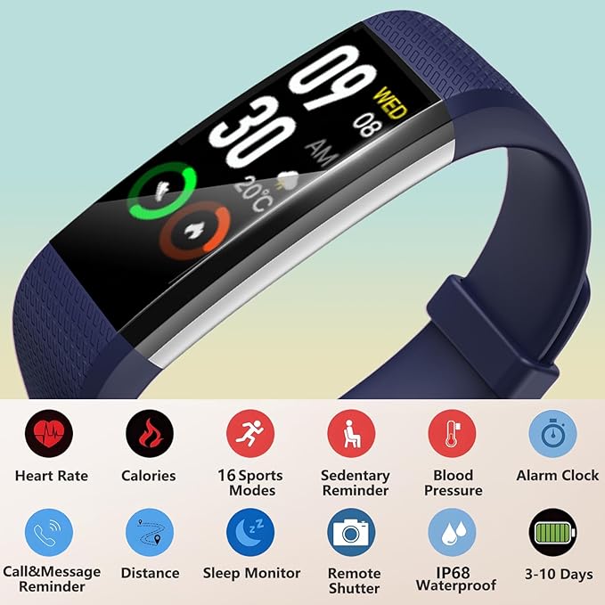 Fitness Tracker with Heart Rate Monitor, Activity Tracker Pedometer with Calorie Counter, Sleep Monitor, Smart Watch with IP68 Waterproof Sports Bracelet for Women Men