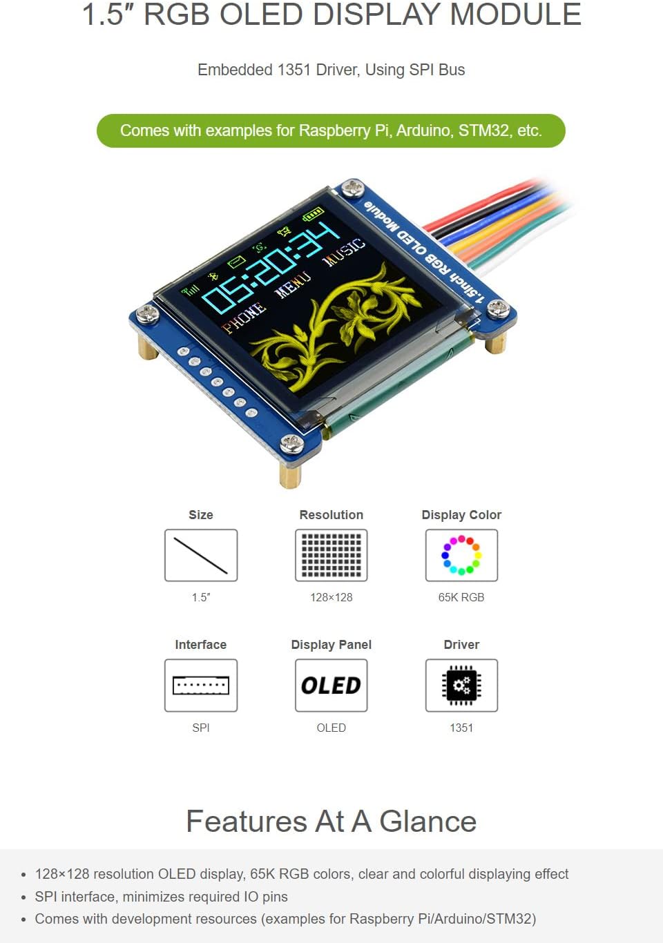 waveshare 1.5inch 128x128 16-bit (65K Communicating RGB OLED Display Module Pixels High Color Colors) with Embedded