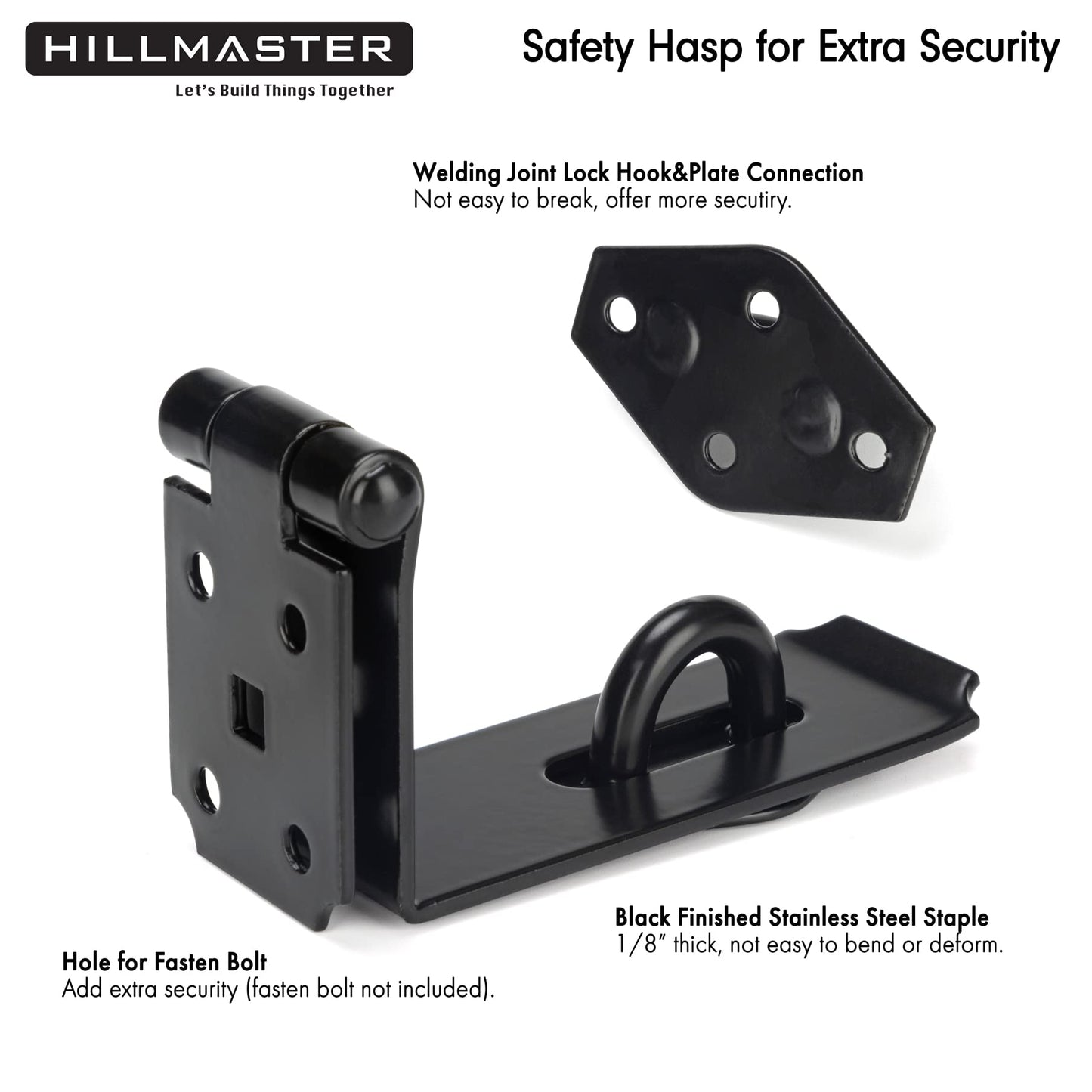 HILLMASTER Door Hasp Latch 90 Degree, 7-3/4" Extra Thick Heavy Duty Steel Safety Gate Door Lock Padlock Clasp Hasp Lock Latch for Fence Gate Barn Door Shed Closet Cabinet, Black Finish