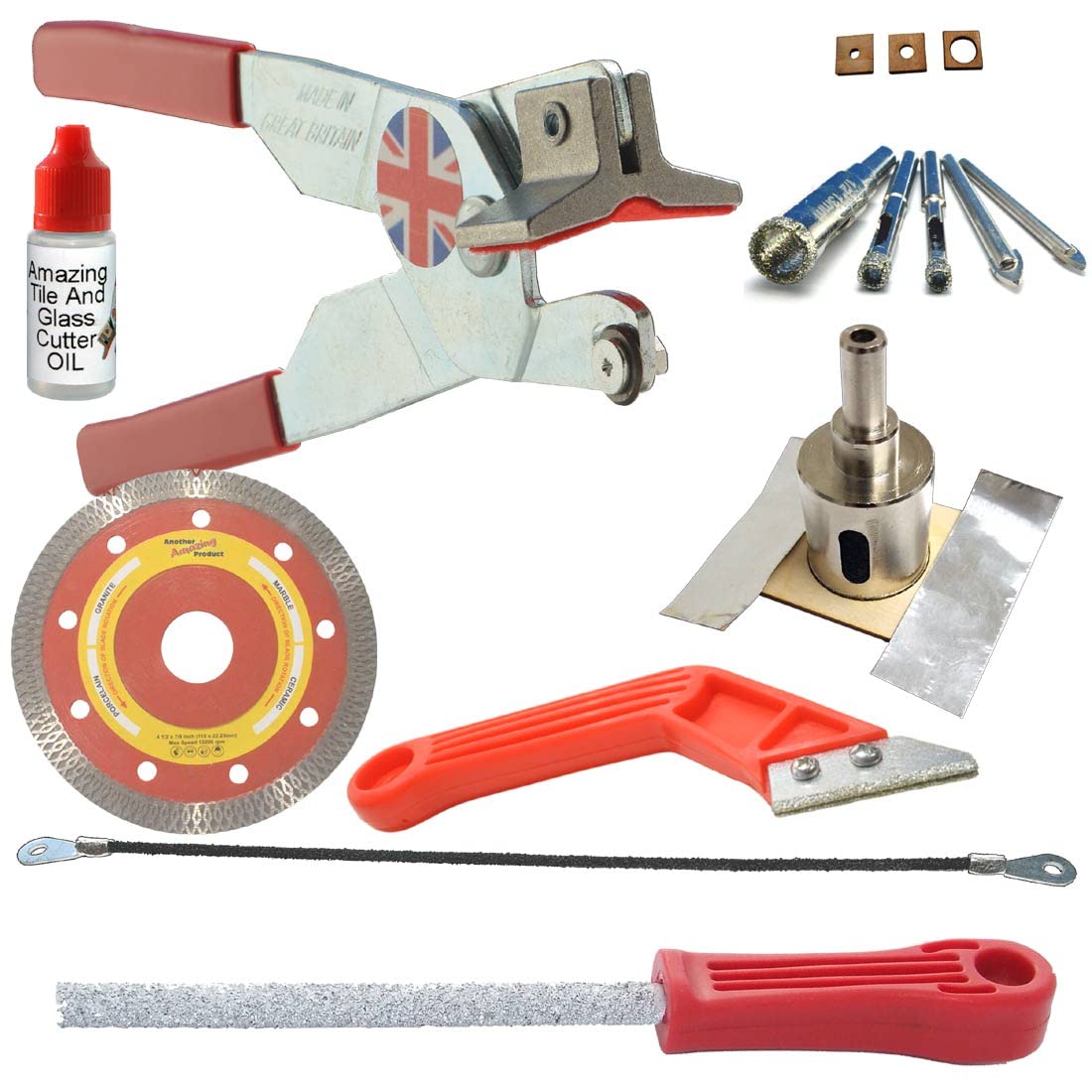 Left Handed Tile Cutter Kit 4 Porcelain Tile Drills Diamond Hole Saw for Taps Saw Blade for Notching Grinder Tile Saw for Cutting Out Sockets Tile File for Trimming Edges Grout Rake for Cleaning Grout