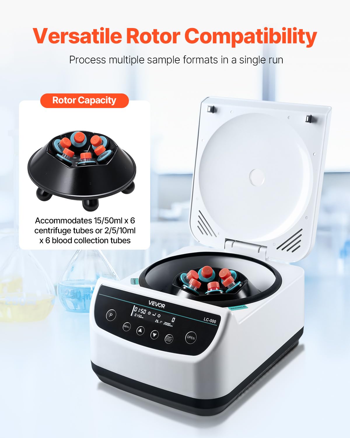VEVOR Centrifuge Machine, 100-2100xg RCF Electric Laboratory Centrifuge Machine with 1 Rotor for 2/5/10/15/50ml Tube Capacity, Low Speed 500-4000rpm with Timer, Widely Used in Various Experiments