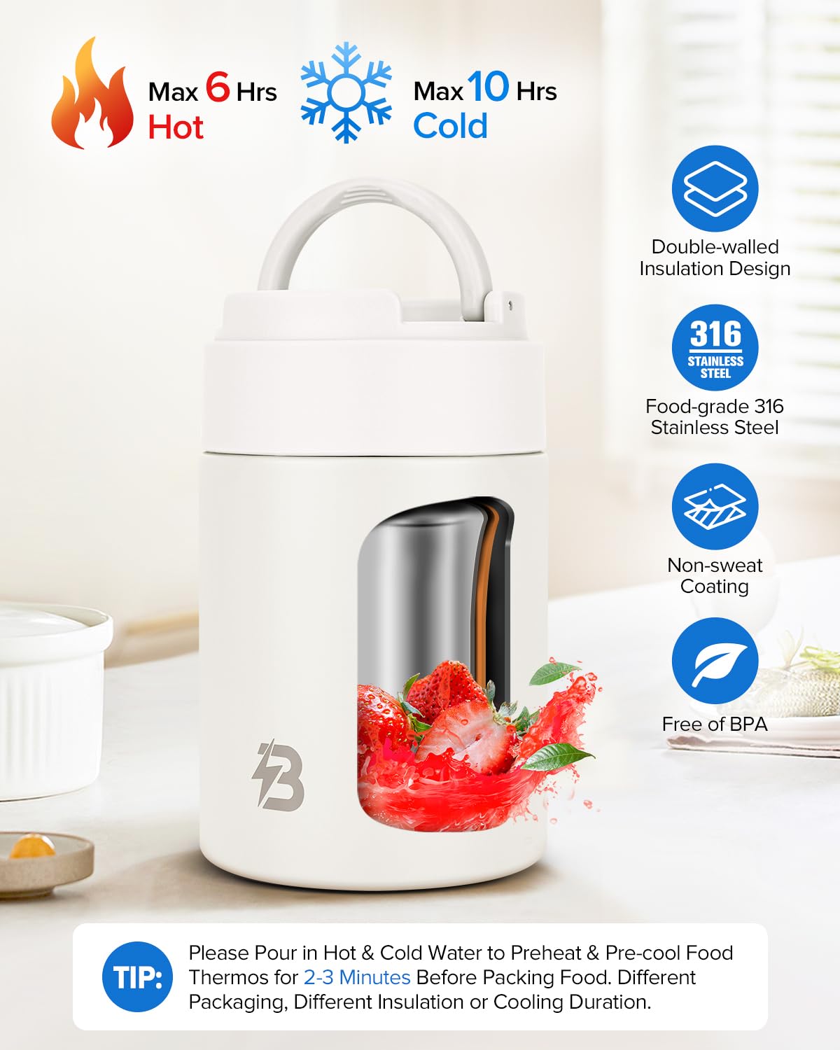TSAKBAM Thermo for Hot Food,17OZ Wide Mouth Insulated Food Container with Spoon & Handle, Stainless Steel Hot Lunch Box for Adults (White)