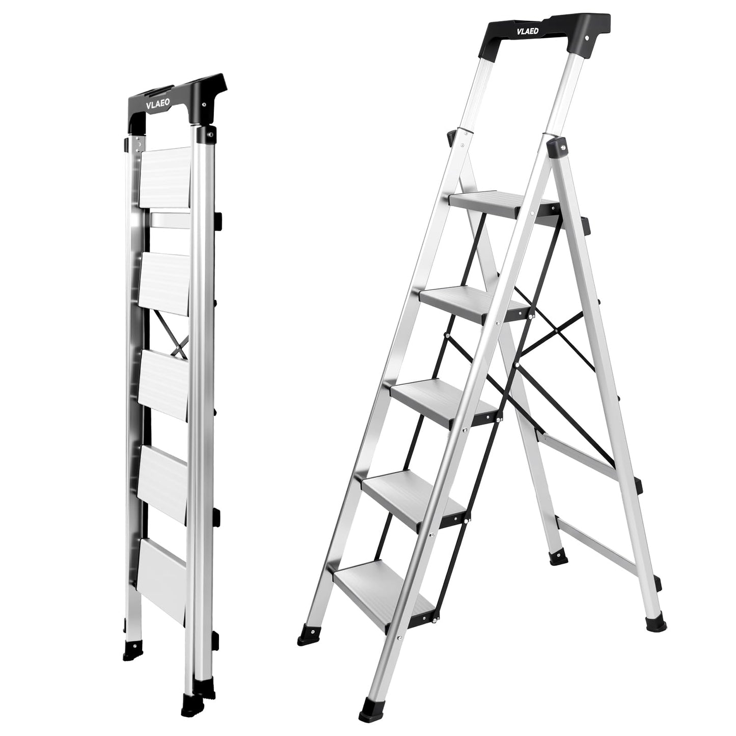 Valeo Aluminium 5 Step Ladder with Retractable Handgrip,Anti-Slip Pedal,330 lbs Capacity,Folding Step Stool for Kitchen, Garage, Home, Space Saving, Sturdy and Portable, Silver