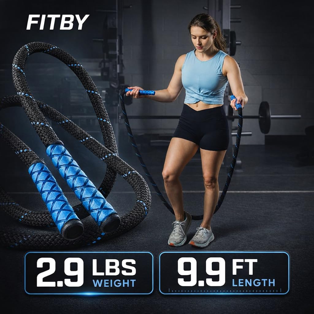 Weighted Jump Rope - 2.9lbs, 9.9 Feet Long Jump Ropes for Fitness, Home Workout Rope, Skipping Rope for Exercise, Total Body Workout Equipment, Durable Jumping Rope by Fitby