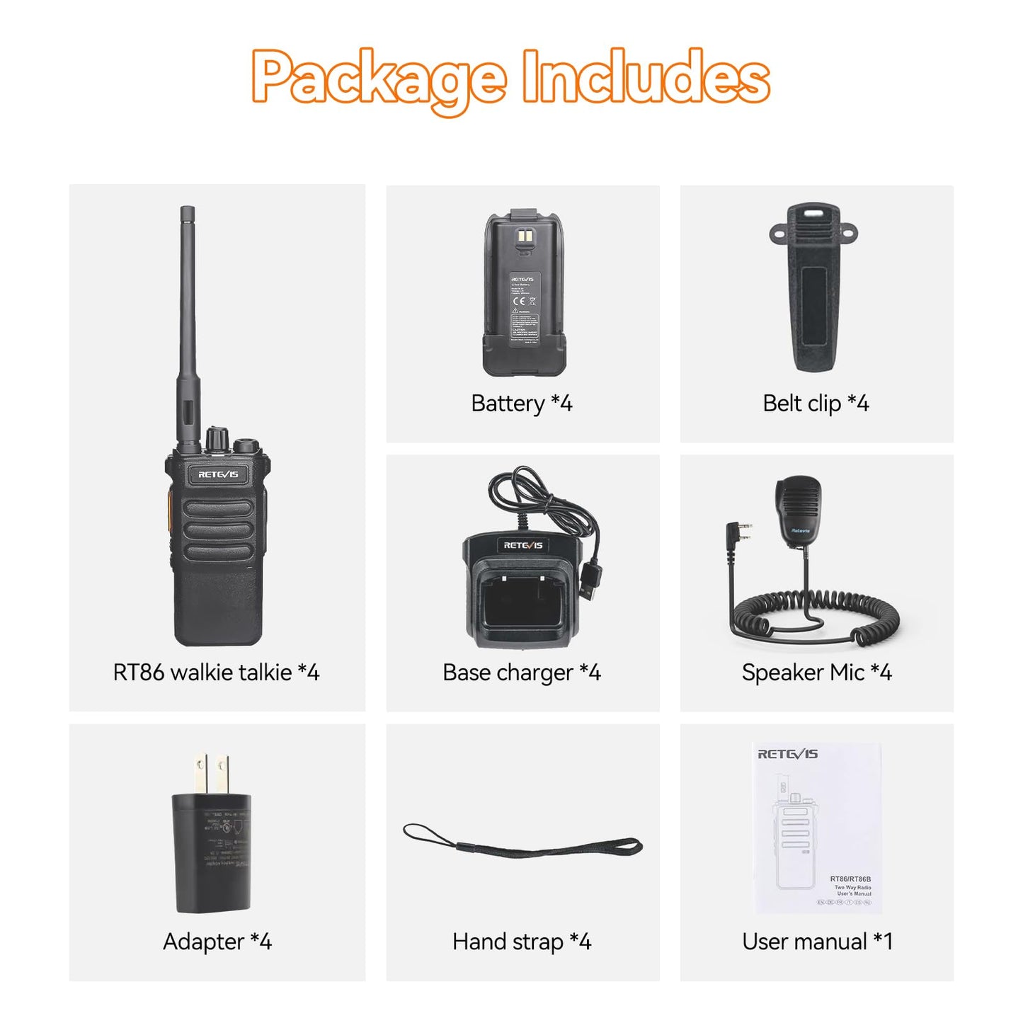 Retevis RT86 2 Way Radio Long Range,Professional Radio Walkie Talkies with Mic,Heavy Duty Two Way Radios,High Power, 2600mAh, Rechargeable Radios for Adults Warehouse Industrial Manufacturing(4 Pack)