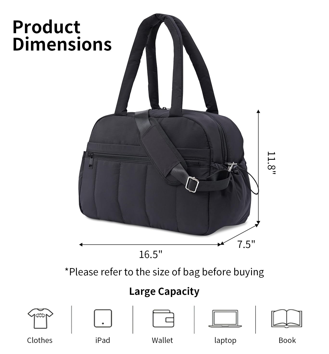Travel Duffle Gym Bag for Women, Lightweight Puffer Carry on Weekender Bags with Wet Pocket Tote Yoga Workout Bag (Black)