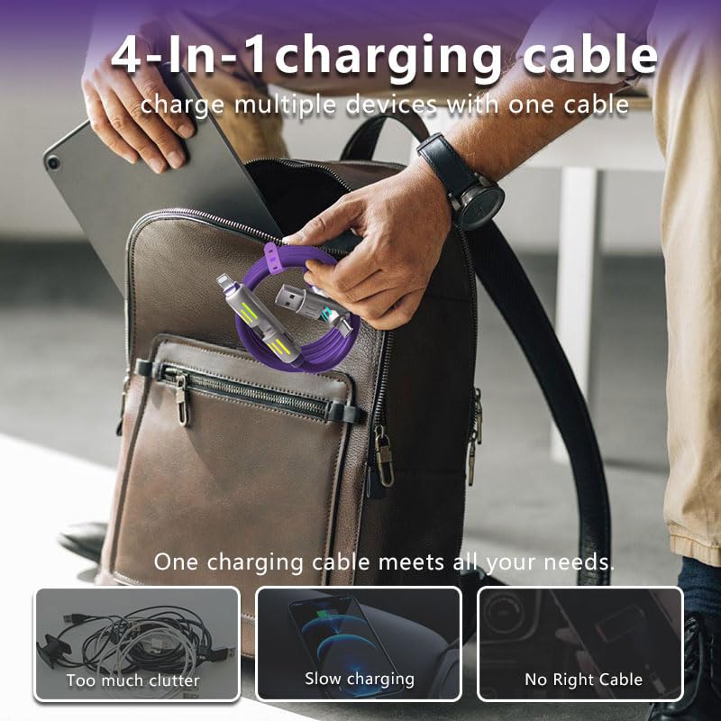 LWW 240W 4-in-1 5A 4FT USB C Multi Charger Cable with LED Indicator, PD Fast Charging & Data Sync, Silicone, Compatible