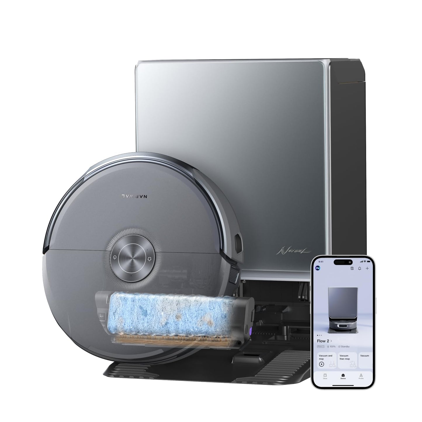 NARWAL Flow 2 Robot Vacuum and Mop Combo, 31,000Pa Suction, FlowWash Self-Cleaning Mop, AI Object Recognition, Self-Emptying & Refilling, 212℉ Hot Water Mop Washing & Drying, Tangle-Free Design