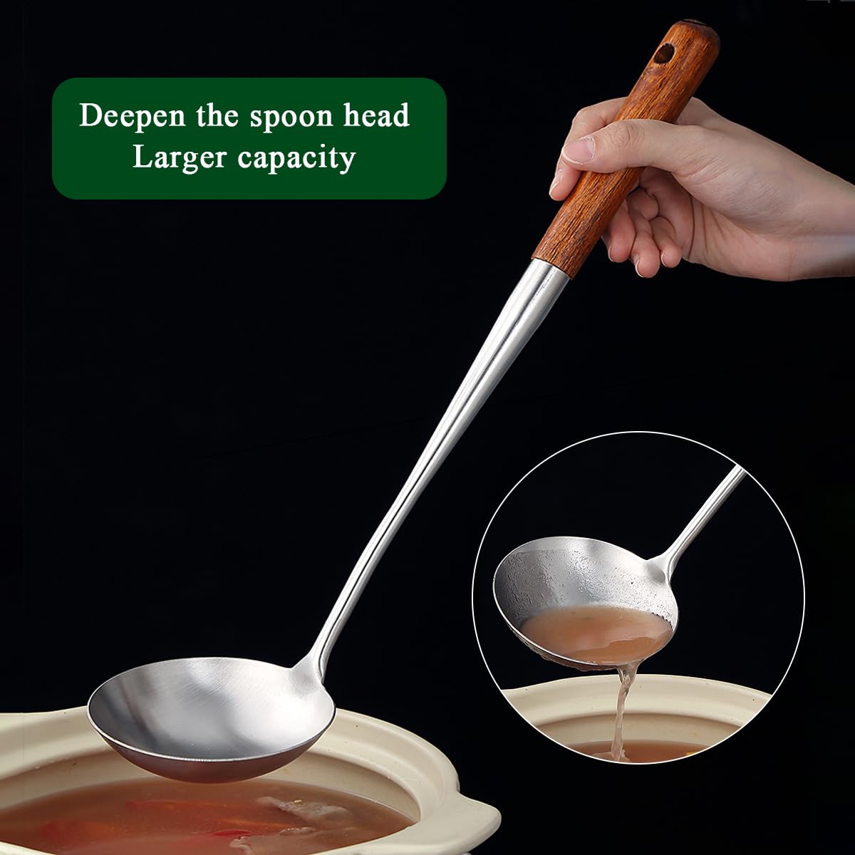 Evanda Wok Spatula Set 17", Heat Resistant Wood Handle Stainless Steel Wok Tools, Ladle, Metal Spatula, Kitchen Skimmer, Professional Kitchen Cooking Utensils Set, Wok Accessories Dishwasher Safe