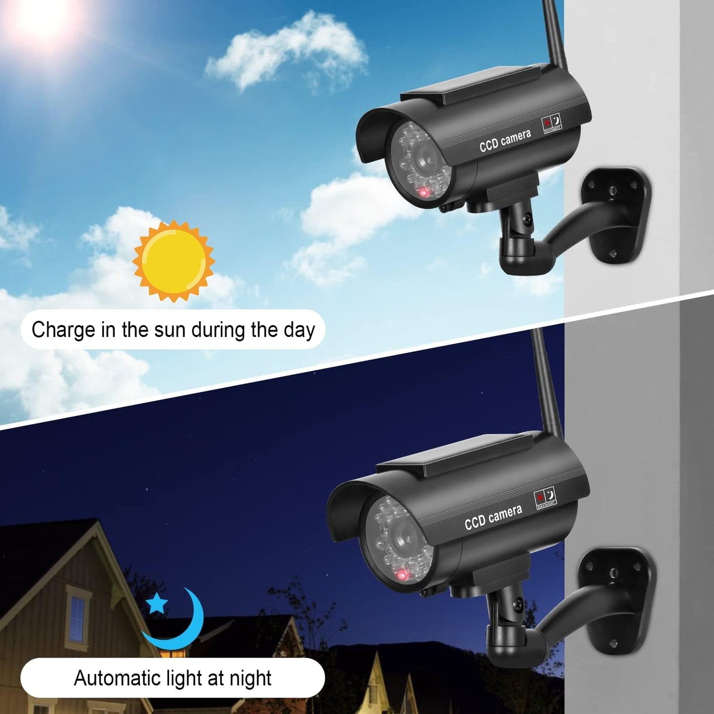 BNT Dummy Indoor/Outdoor(2Pack, Solar Powered Fake Security Camera, Bullet Security Camera Simulated Surveillance