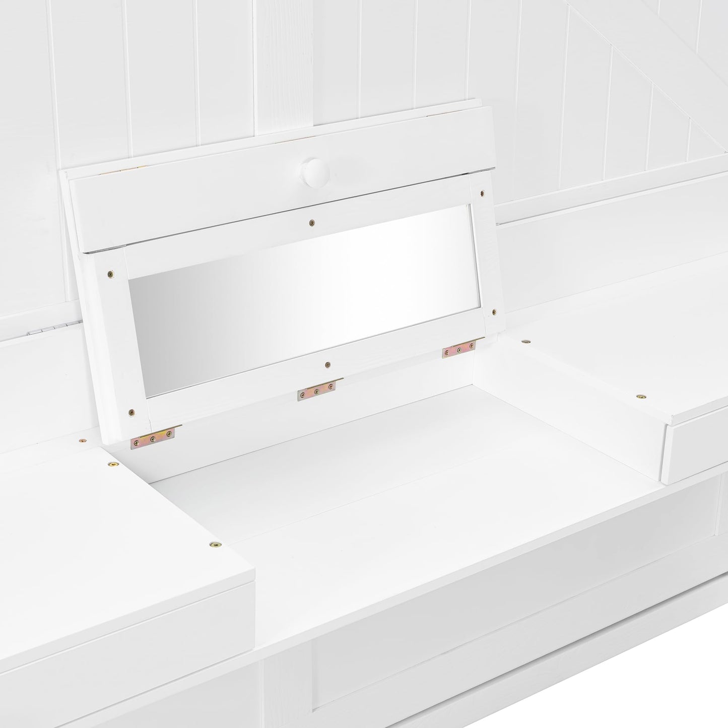 DNYN Murphy Bed with Vanity Desk and Center Mirror for Bedroom/Guest Room, Space-Saving Queen Size Foldable Wall Bed Frame with 2 Side Storage Drawers, No Box Spring Needed